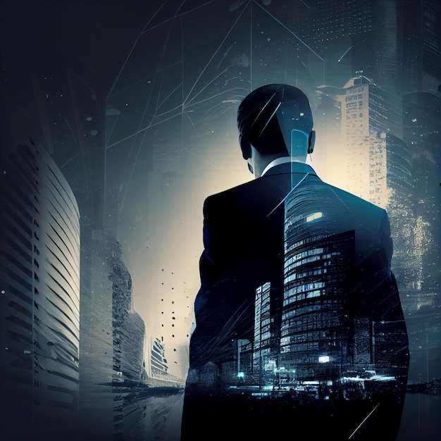 Business background businessman double exposure effect and city buildings illustration