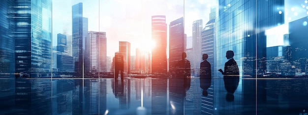 Business background Double exposure image of many business people conference group meeting on city