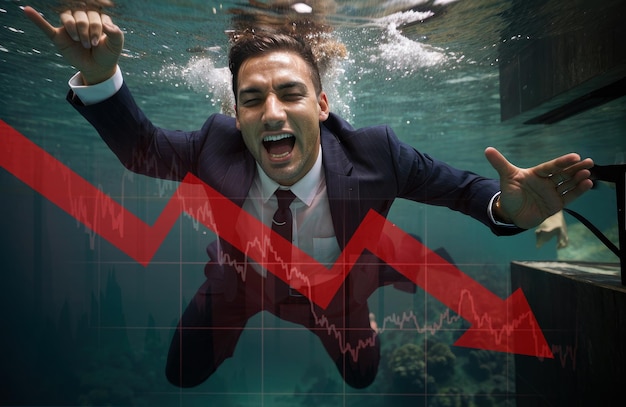 business bankruptcy economic and financial crisis metaphor bankrupt businessman is drowning under economic problems and failures business man wearing suit is drowning underwater