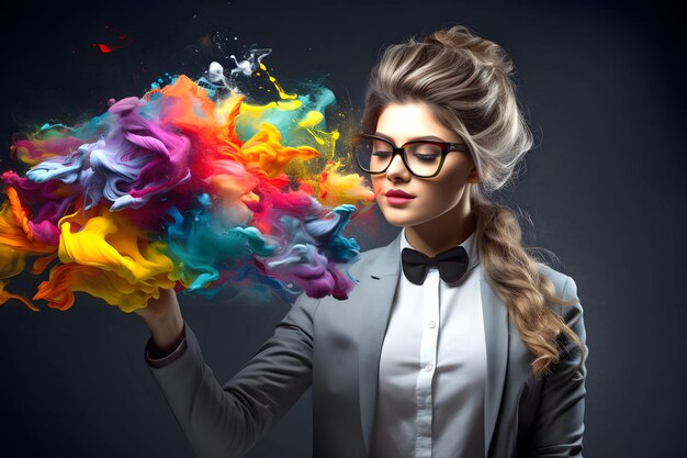 Photo business beautiful woman model with chaotically flying colored paint around fashionable beauty