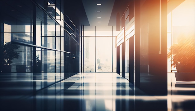 Business blur background office building lobby hall interior of white empty room with blurry light from glass wall window