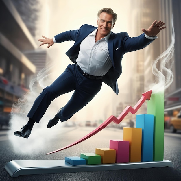 Business boost and growth Businessman flying off of springboard to business chart top on blurry city background