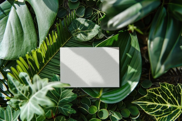 business card mockup on a botanical background with exotic leaves