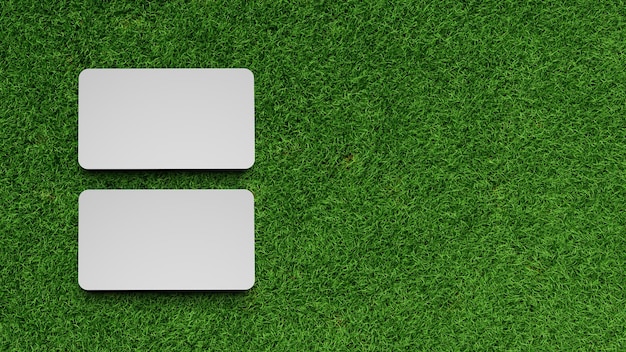 Business card mockup on green grass background 3d rendering