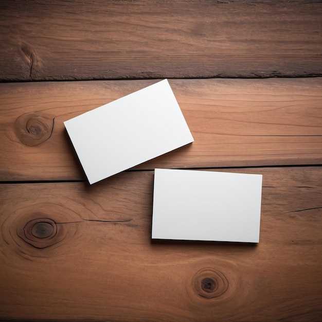 Business card mockup on a wooden table