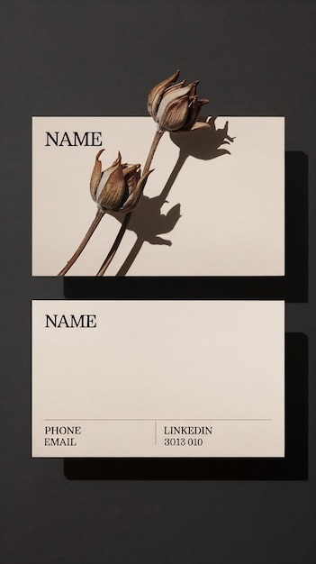 Photo business card shadow minimalist brand template with dry flower bud shadows on beige background