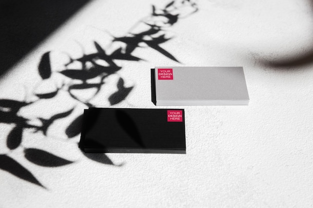 Business cards with copyspace for ad - mockup, digital concept. Office or co-working location with highly digital workplace with boxes, top view. Online work, shopping, service concept.