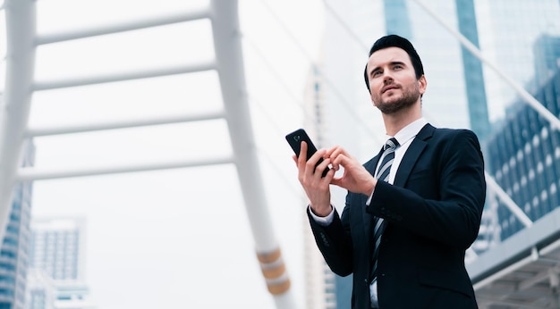 Business caucasian man present attractive lifestyle and working outdoors