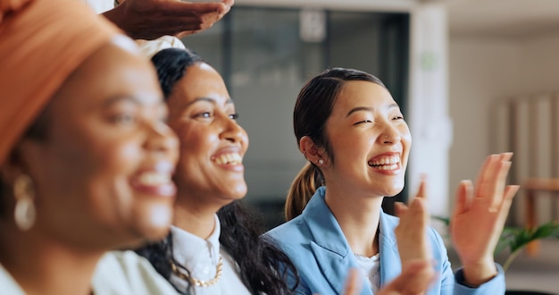 Business celebration and women applause for meeting success corporate smile and happiness Training audience clapping and business meeting with diversity learning and crowd in a office for work