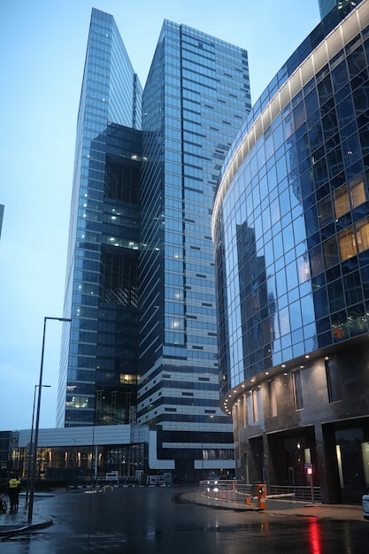 Business center in a large city with high skyscrapers in the evening