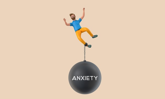 Business character chained to a large falling anxiety ball 3D Rendering