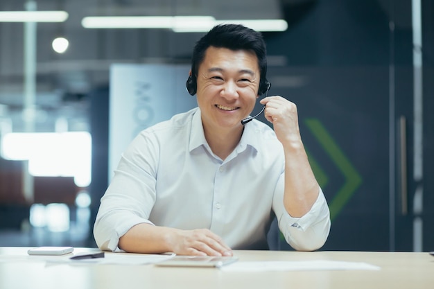 Business coach a young handsome asian man in headphones with a microphone conducts business training