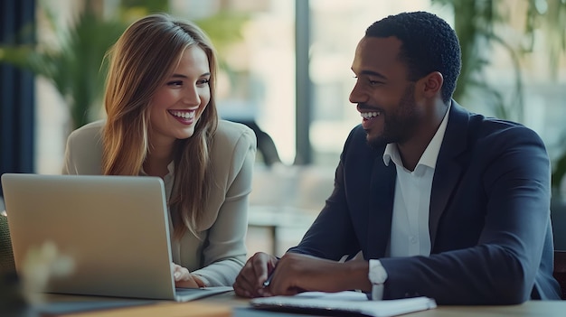 Business colleagues smiling and working together at a desk