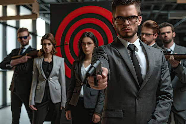 Business Colleagues in Suits in Front of Archery Target