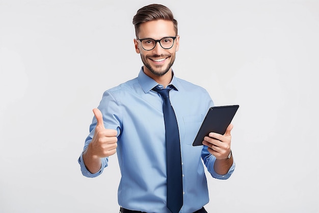 Business communication modern technology and office concept smiling buisnessman with tablet computer showing thumbs up Isolated over white background