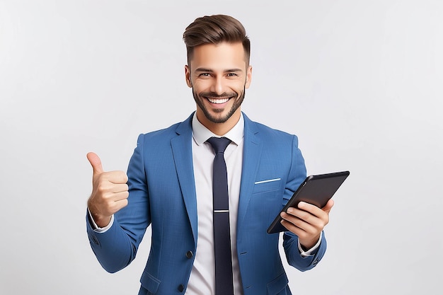 Business communication modern technology and office concept smiling buisnessman with tablet computer showing thumbs up Isolated over white background