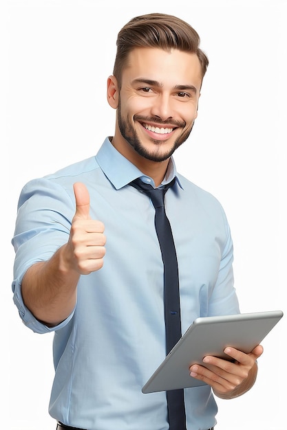 Business communication modern technology and office concept smiling buisnessman with tablet computer showing thumbs up Isolated over white background