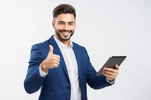 Business communication modern technology and office concept smiling buisnessman with tablet computer showing thumbs up Isolated over white background