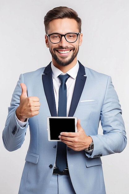 Business communication modern technology and office concept smiling buisnessman with tablet computer showing thumbs up Isolated over white background