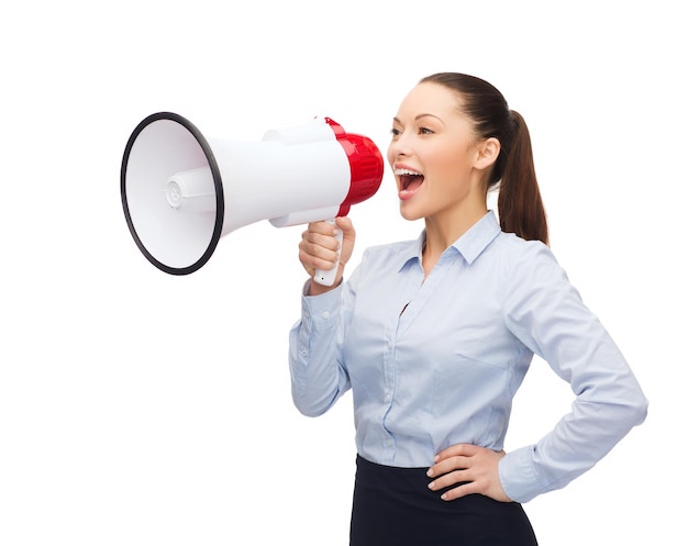 business, communication and office concept - screaming businesswoman with megaphone