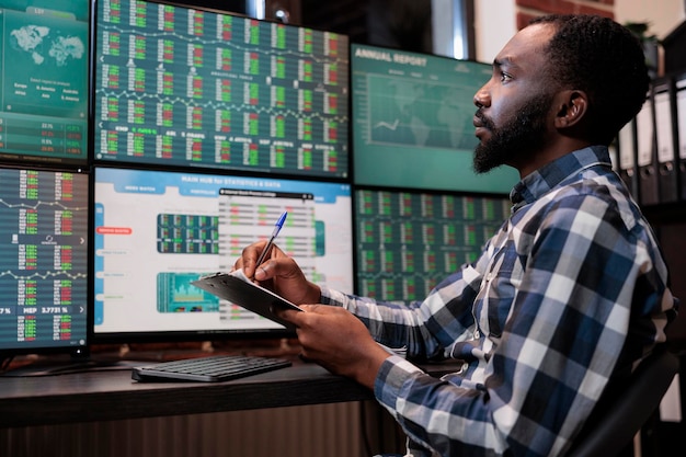 Business company professional employee with clipboard looking at real time financial data charts. Forex trading agency agent sitting at multi monitor workstation while doing market analysis.