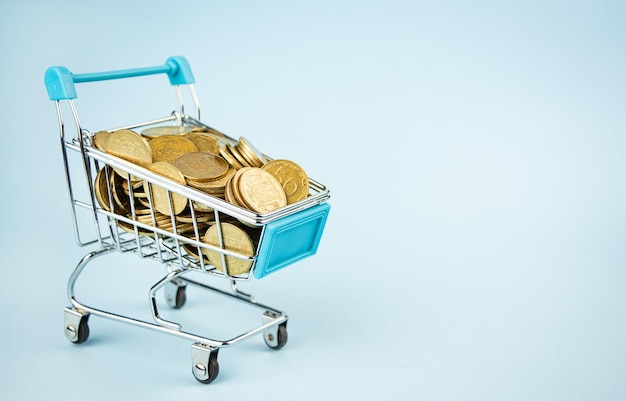 Business concept Coins in a shopping cart on a blue background Buying a home .Copy space