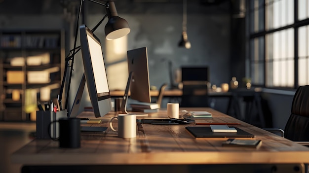 Business concept An empty office is waiting for employees Wooden table with computer Generative AI