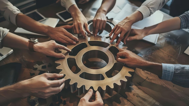 Photo business concept featuring hands working with cogwheels to symbolize team effort