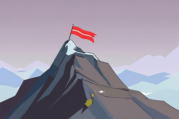 Business Concept Goal Achievement Success Winning Flag on the Mountain Peak