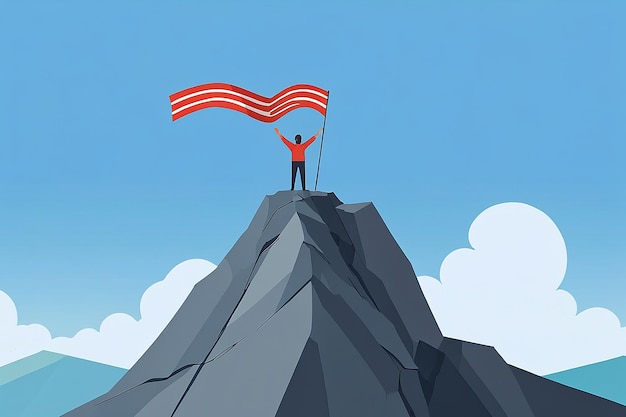 Business Concept Goal Achievement Success Winning Flag on the Mountain Peak