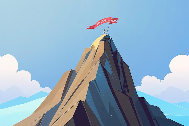 Business Concept Goal Achievement Success Winning Flag on the Mountain Peak