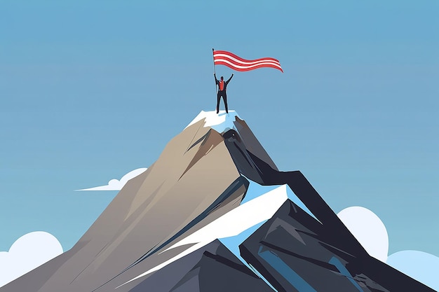 Business Concept Goal Achievement Success Winning Flag on the Mountain Peak