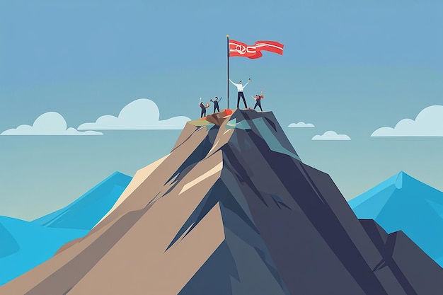 Business Concept Goal Achievement Success Winning Flag on the Mountain Peak