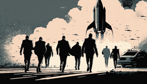 Business concept illustration of group of businessman walking towards a rocket start up business concept Generative ai