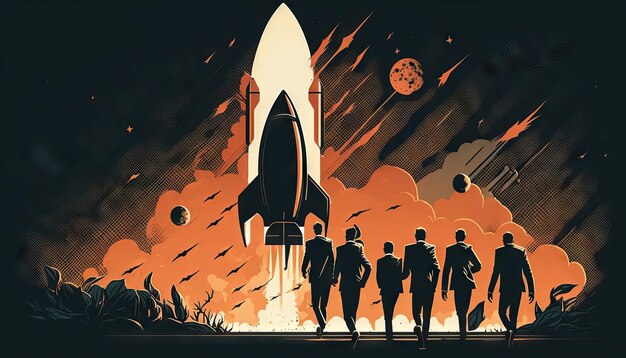 Business concept illustration of group of businessman walking towards a rocket start up business concept Generative ai