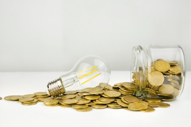 Business concept. Lamp with coins on a light