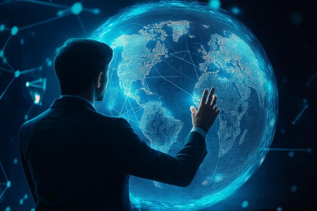 Photo business concept man touching global network and data exchanges over the world 3d rendering metaverse and digital world online network technology ai and big data artificial intelligence technology