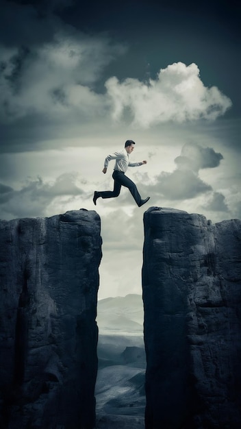 Photo business concept picture of challenge a man has to cross an obstacle