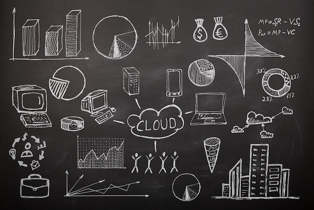 Business concept sketch with schemes and graphs on chalkboard