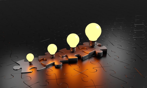 Business conceptoutstanding gold jigsaw on black Leader Unique Think different light bulb idea3D render