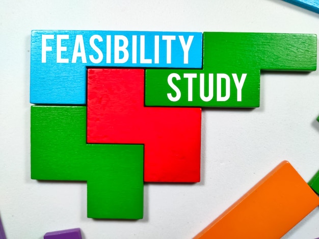 Business conceptText FEASIBILITY STUDY with colored wooden puzzle on white background