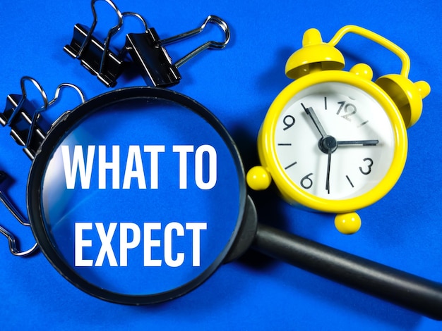 Business conceptText WHAT TO EXPECT with magnifying glasspaper clips and clock on blue background