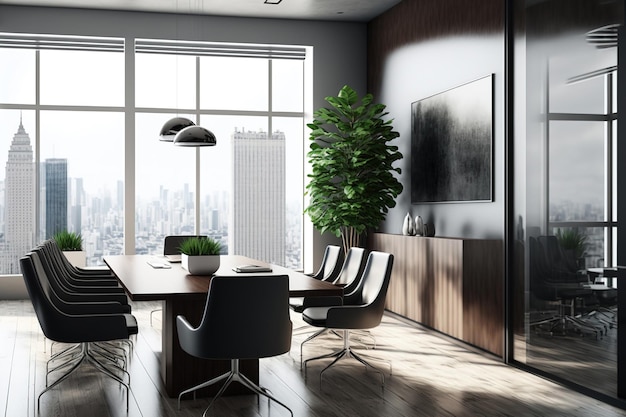 Business conference room with a wooden table and black armchairs grey carpet