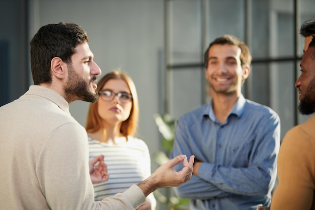 Business conversations of different people during an office walk