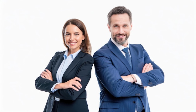 Business couple posing over white background