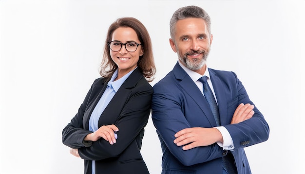 Business couple posing over white background