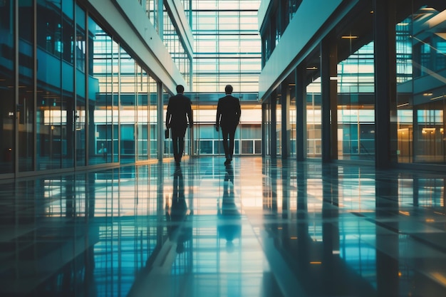 Business couple walking through a corporate building with glass architecture