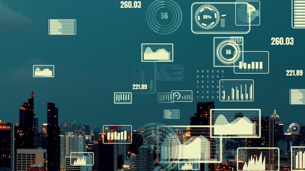 Business data analytic interface fly over smart city showing alteration future