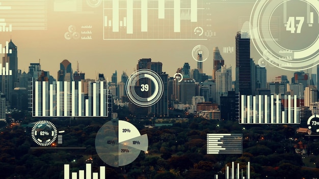 Business data analytic interface fly over smart city showing alteration future