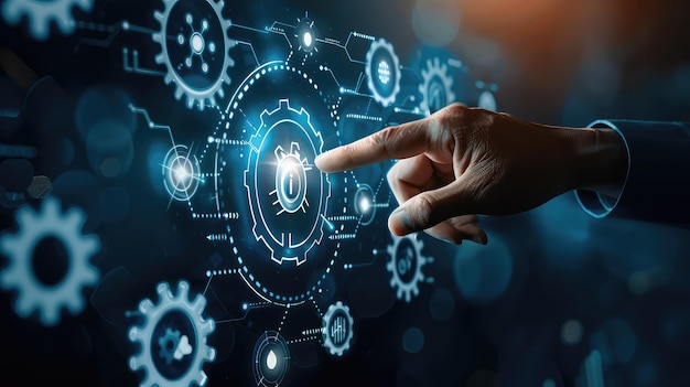 Business Data Analytics Management Concept with Connected Gear Cogs and Financial Charts Depicting